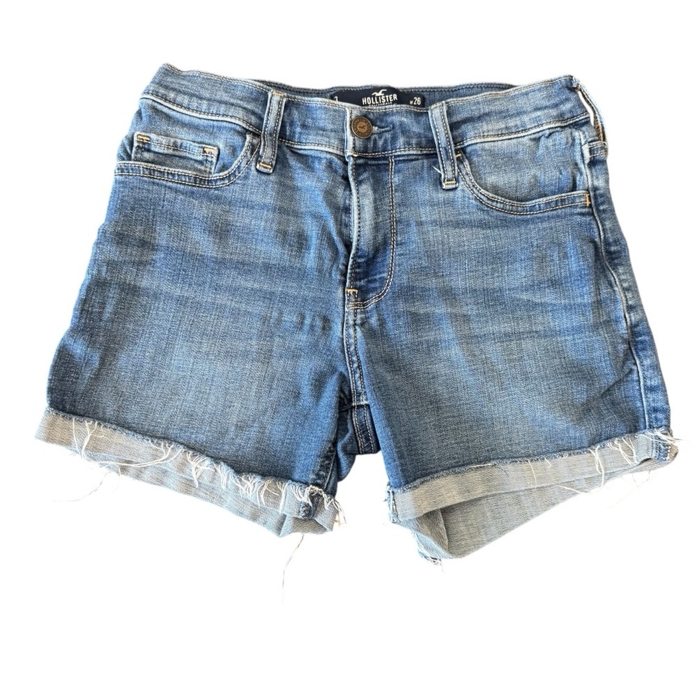 Hollister Women's Blue Denim Shorts Light Wash Stretch Cuffed Hem Size 3 W26